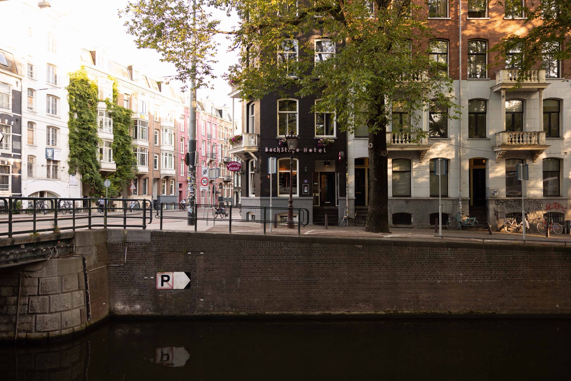 Canal view in central Amsterdam by the Backstage Hotel